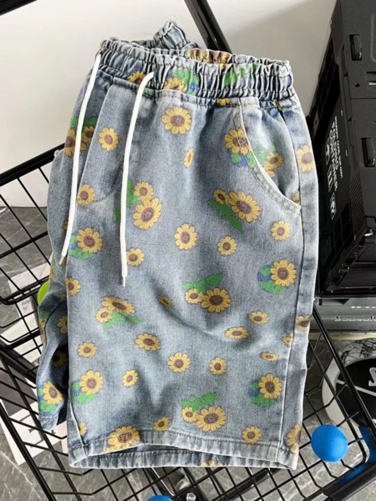 

Retro Japanese Daisy Print orts Loose Casual Wide Leg Denim Five-Quarter Pants ex Summer Faionable Versatile Jeans