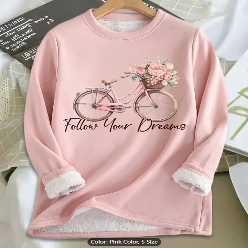 Женская розовая толстовка с цветочным принтом на велосипеде Follow Dreams, повседневный пуловер на флисовой подкладке с графическим принтом, повседневный топ с длинным рукавом
