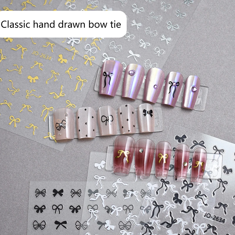 1szt 5D Sweet Bow Nail Sticker Kawaii Pink Black White Long Ribbon Bowknot Samoprzylepne naklejki do zdobienia paznokci Naklejki dekoracyjne DIY