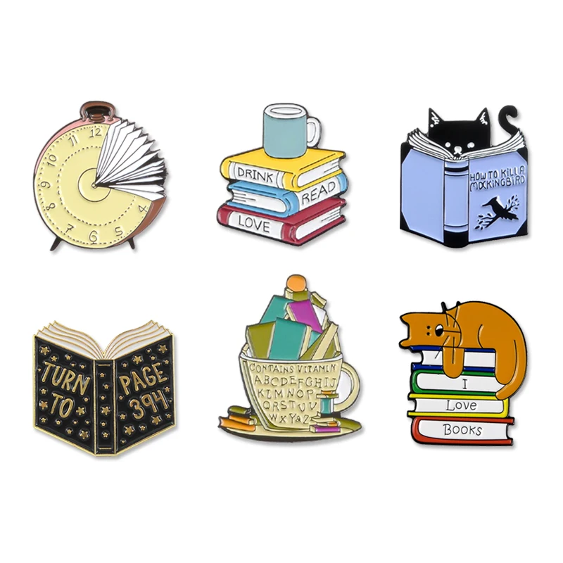 Drink Read Love Enamel Pins Personalized Books Coffee Time Brooches Denim Bag Lapel Badges Cartoon Jewelry Gifts for Friends Kid