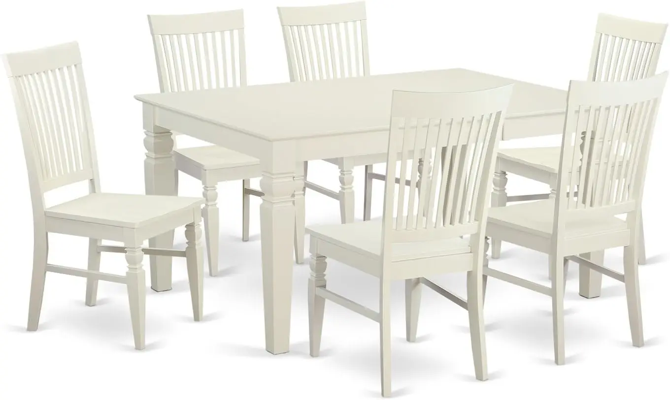 7 Piece Kitchen Set Consist of a Rectangle Room Table with Butterfly Leaf and 6 Dining Chairs Linen White Solid Wood