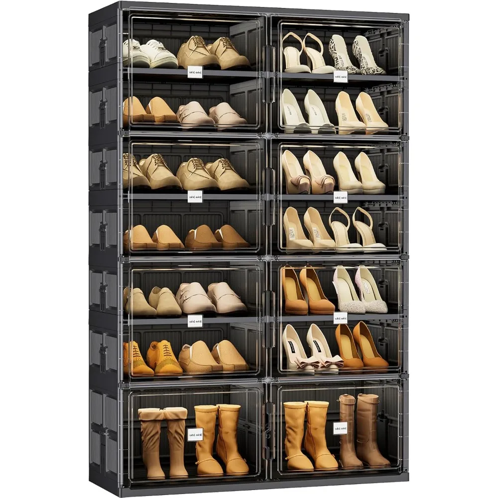 7-Tier Foldable Shoe Storage Cabinet with Magnetic Doors, Large Stackable Shoe Organizer Cabinet for Entryway, Clear F