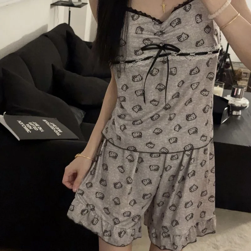 

Kawaii Sanrio HelloKitty Milk Silk Tank Dress Built-in Bra Summer Shorts Pajama Set Sweet Home Wear Cute Anime Holiday Toys