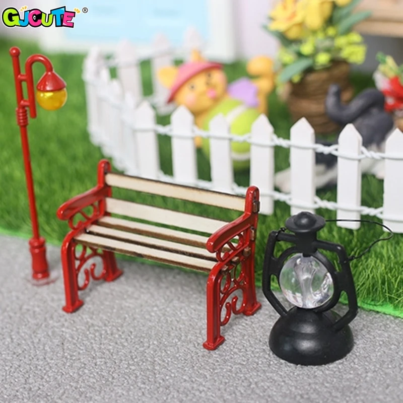 2Pcs/set Dollhouse Miniature Wooden Park Bench Street Lamp Suit Fairy Garden Micro Landscape Ornament Furniture Model Decor Toys