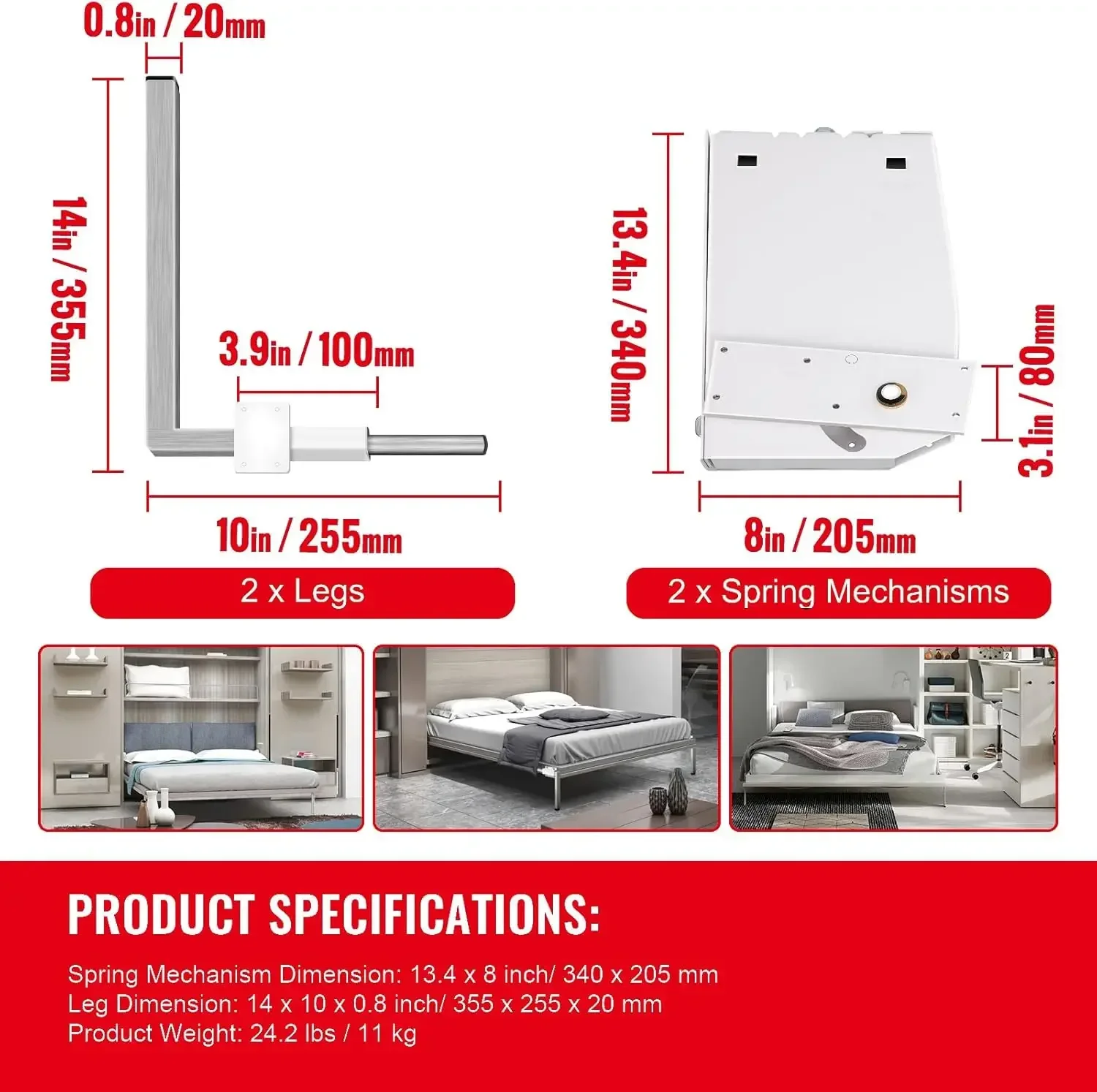

XMSJ.Murphy Mounting Wall Springs Mechanism Heavy Duty Support Hardware DIY Kit for King Queen Bed (Vertical), White