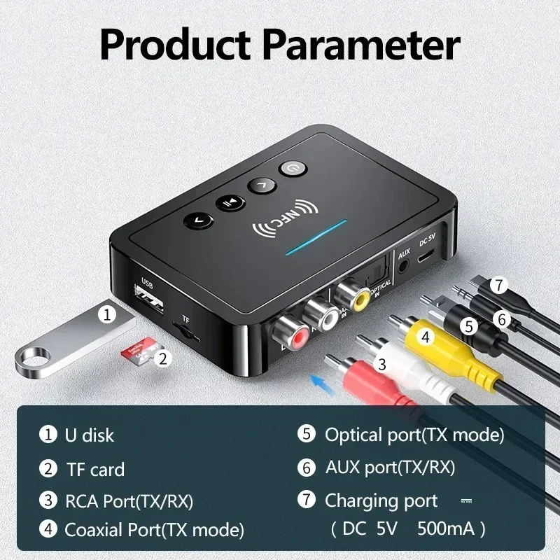 

NFC Bluetooth 5.0 Audio Adapter 3.5MM AUX RCA SPDIF Wireless FM Receiver Transmitter Support TF U-Disk Music Play Remote Control