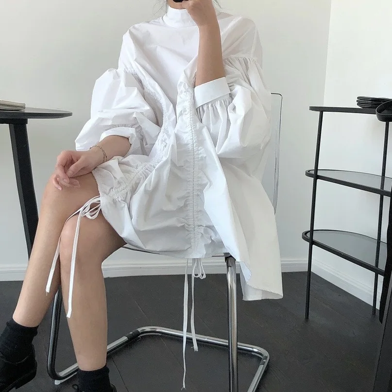 Moda irregular vestido feminino gola lanterna mangas cordão designer solto casual preto branco curto camisa vestidos