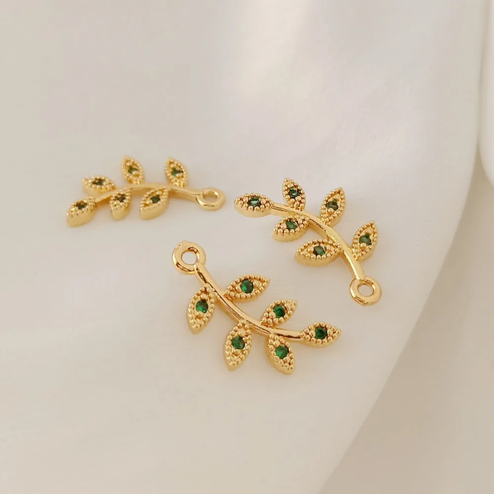 14K Gold-plated Accessories, Emerald-inlaid Zircon Tree Leaf Pendant, Bracelet, Necklace, DIY Jewelry Material