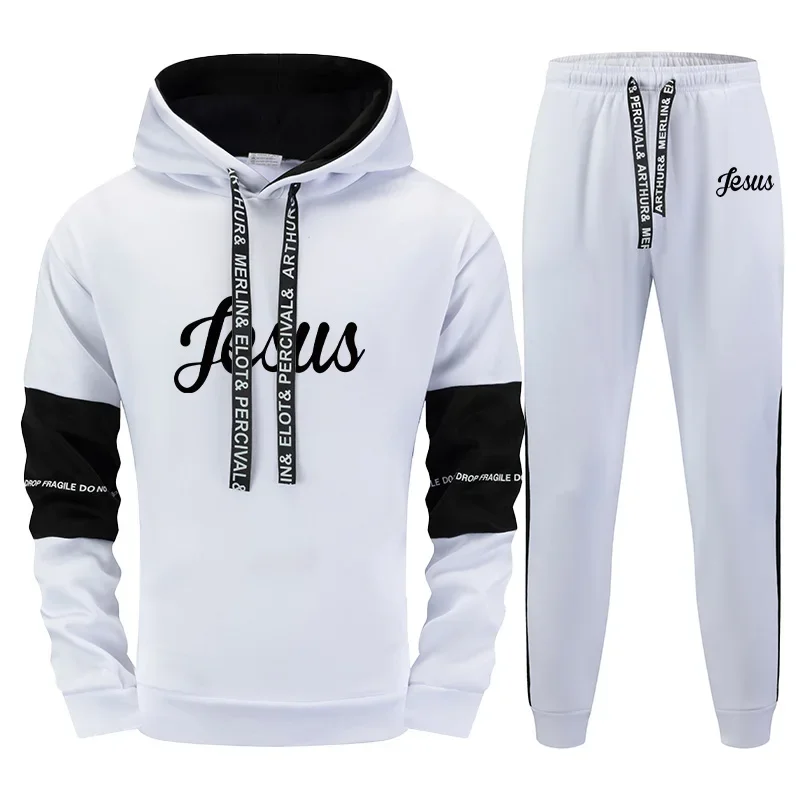 Jesus Printed Men's Tracksuit Hoodies Sweatpants Black White Mixing Color Sweatshirts Jogger Pants Urban Fashion Casual Outfits