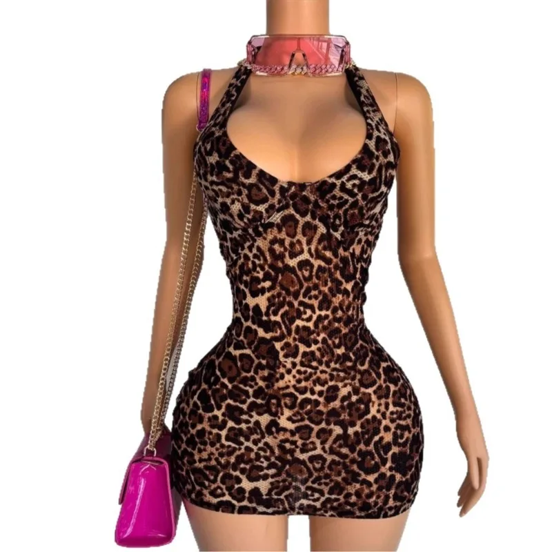 المرأة البرية مثير ليوبارد طباعة Bodycon فستان قصير الخامس الرقبة أكمام الدانتيل يصل الرسن عارية الذراعين ليلة كلوبوير سليم ملابس الحفلات