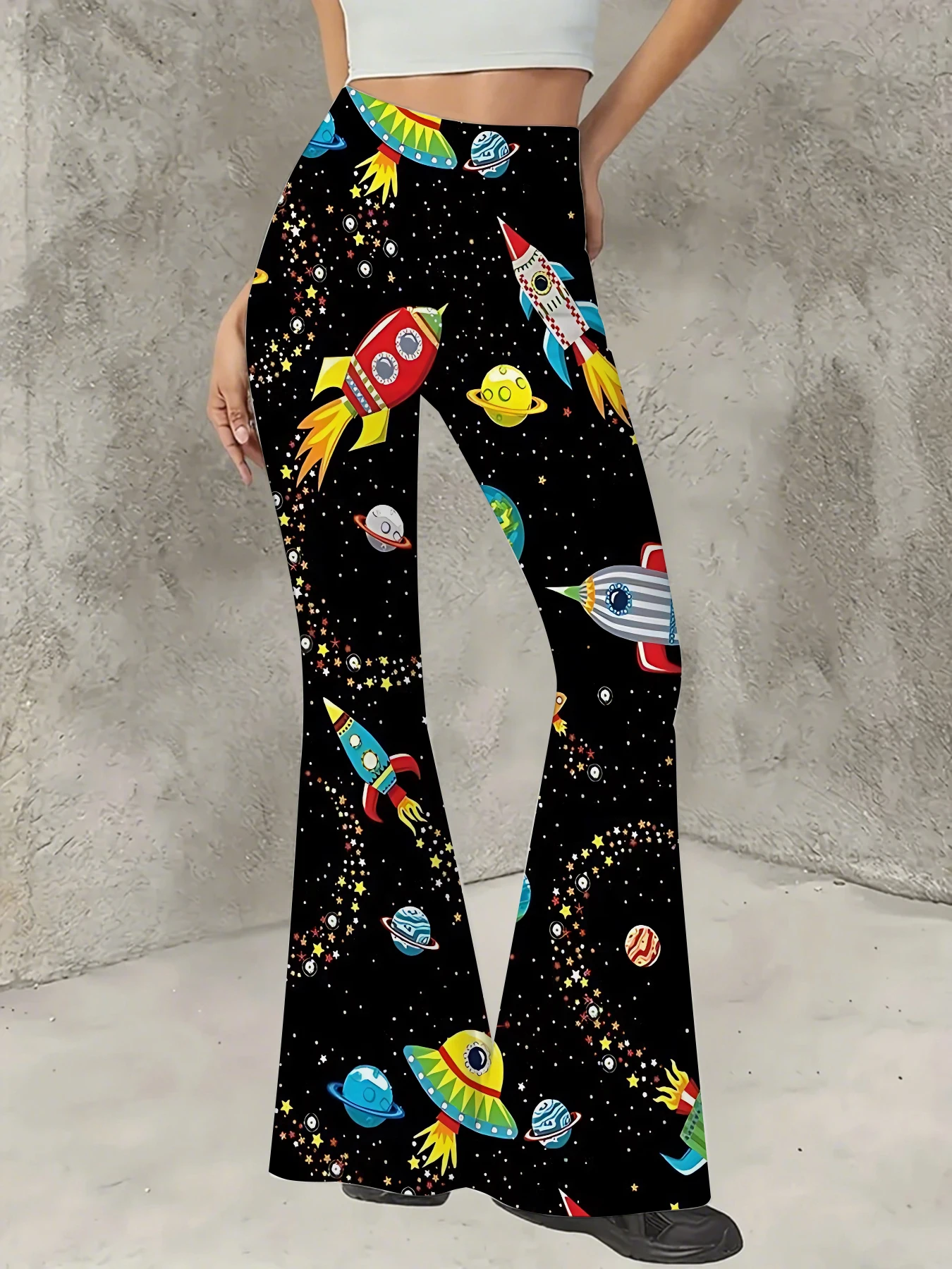 

Women's Print Flare Pants Casual High Waist Knit Bell Bottom Trousers Boho