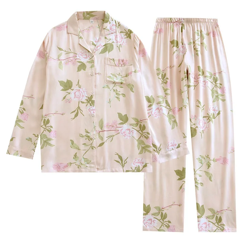 Spring Long Sleeve Printed Floral Loungewear Loose Fresh High-end Cotton Silk Pajamas Satin Soft and Smooth Ladies Pijama Set