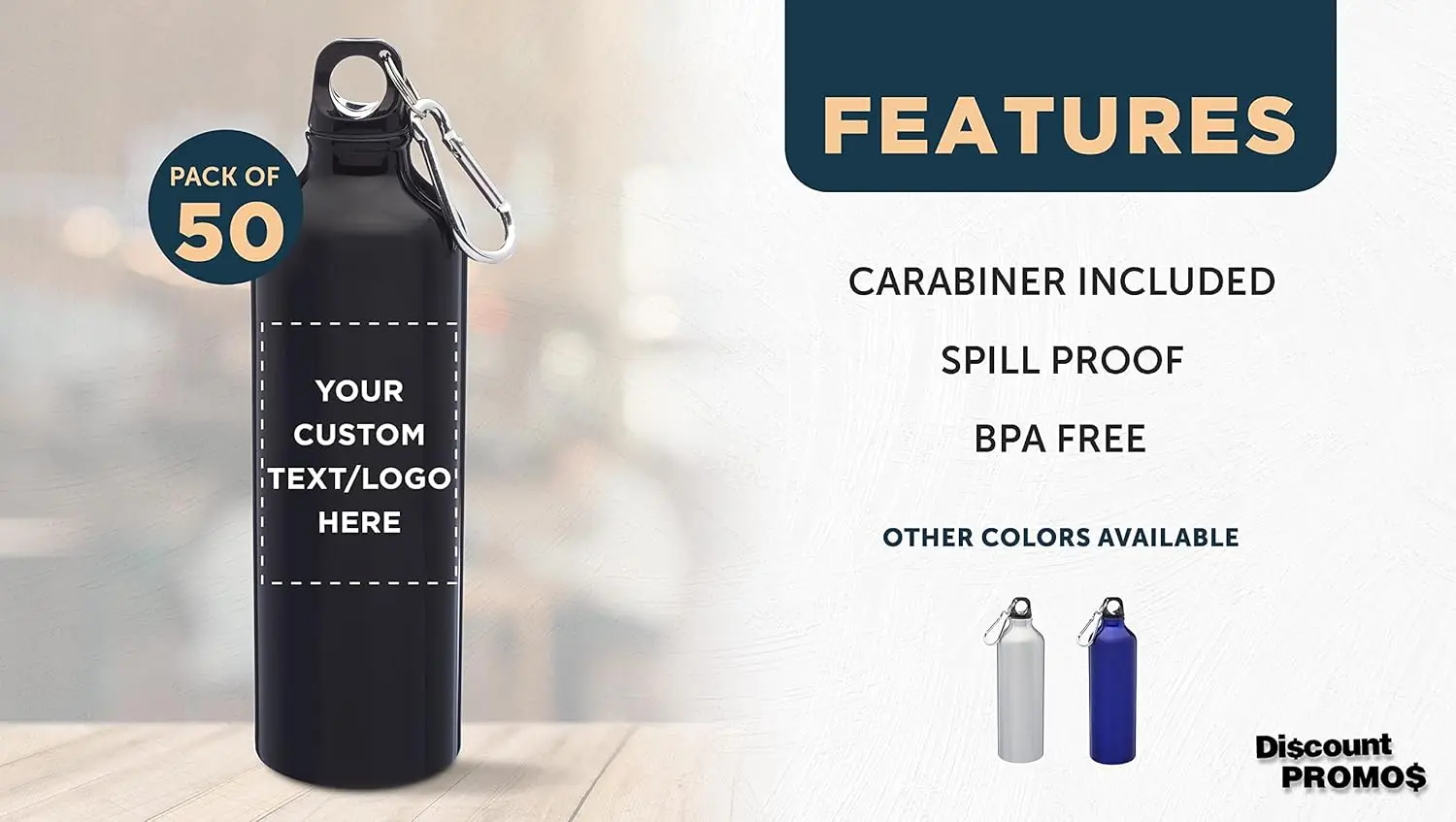 PROMOS Custom Aluminum Water Bottles with Carabiner 24 oz. Set of 50, Personalized Bulk Pack - Perfect for Gym, Hiking, Camping,