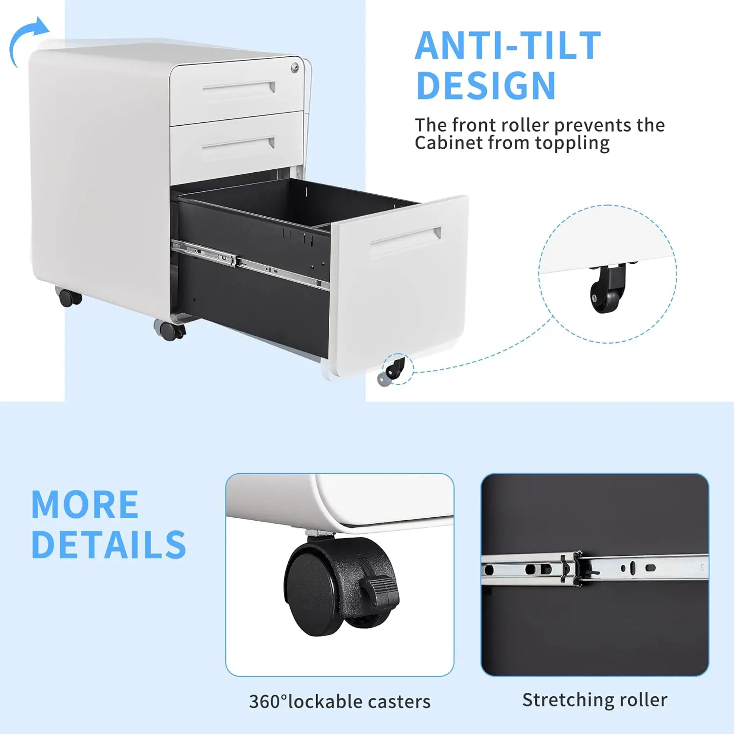 White 3-Drawer Lockable Mobile File Cabinet for Home Office Desk Storage