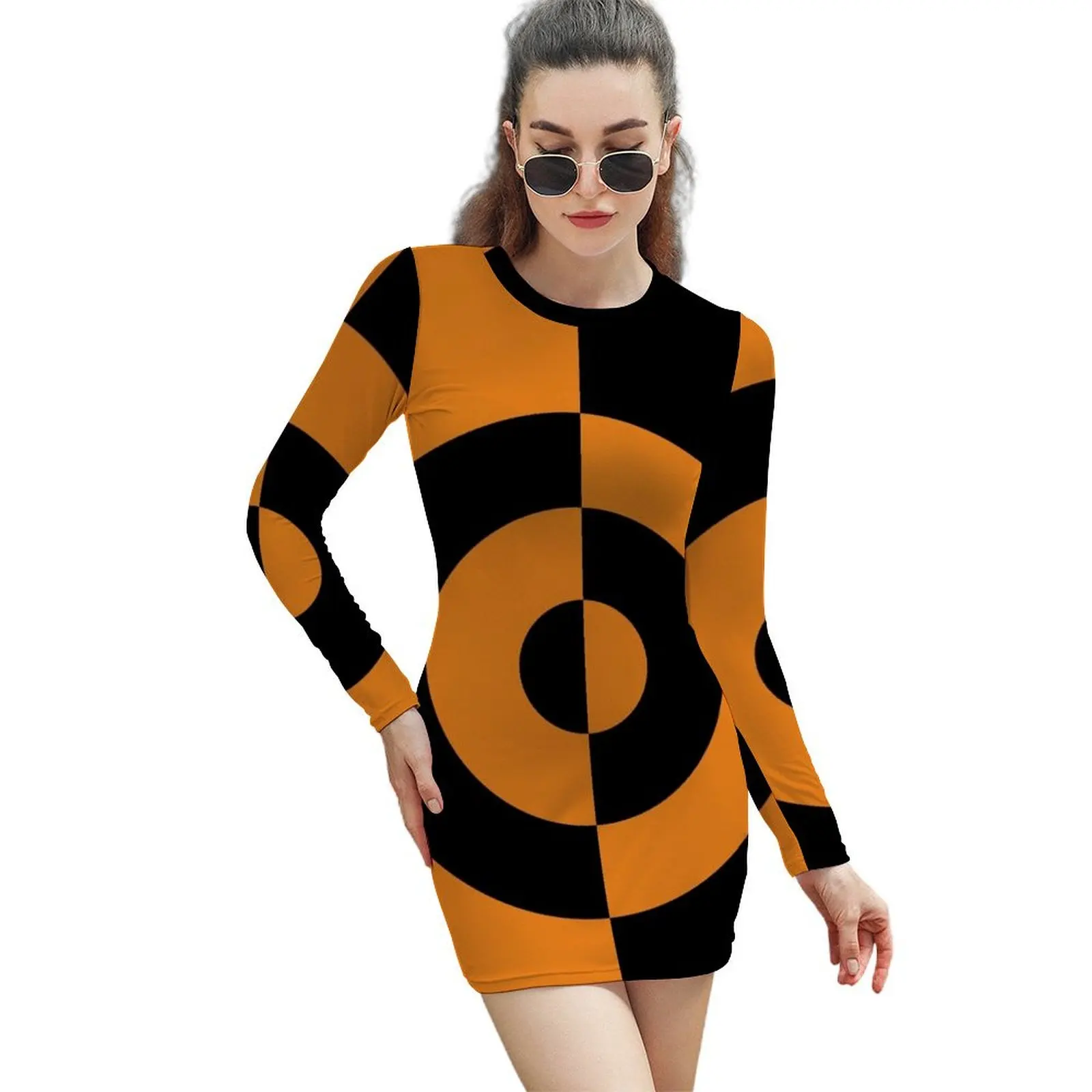 

60s Orange & Black Mod Target Long-Sleeved Sheath Dress women's elegant loose dresses clothes for woman