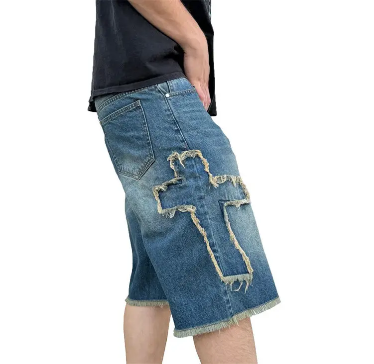 OEM Vintage Men's Applique Embroidery Crystal Y2K Distressed Denim Shorts Raw Edge Hem Streetwear Regular Fit