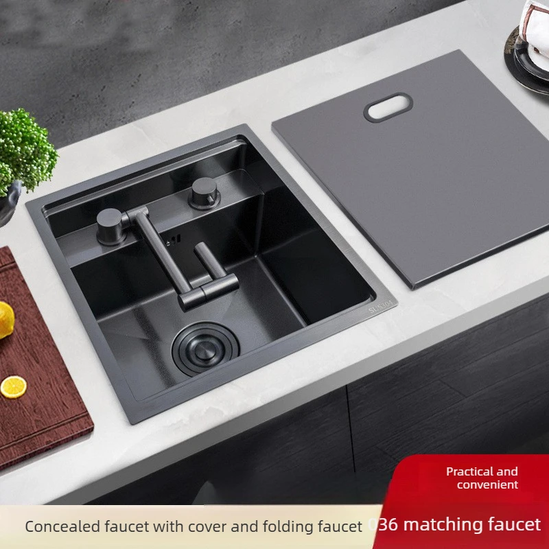 30*45Cm Thickened 304 Stainless Steel Bar Counter Small Sink Nakajima Invisible Single Slot with Cover Hidden Vegetable Basin