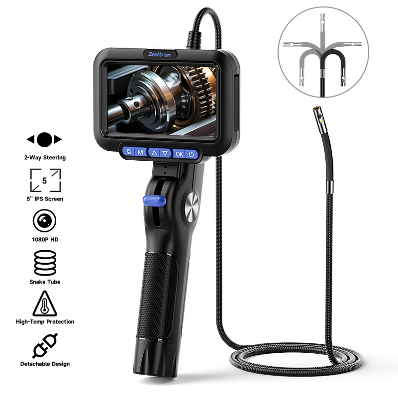 2-Way Articulating Endoscope Camera 5‘’ IPS Screen Single Dual Lens 360° 180° Two Way Steering Camera Pipe Inspection Borescope