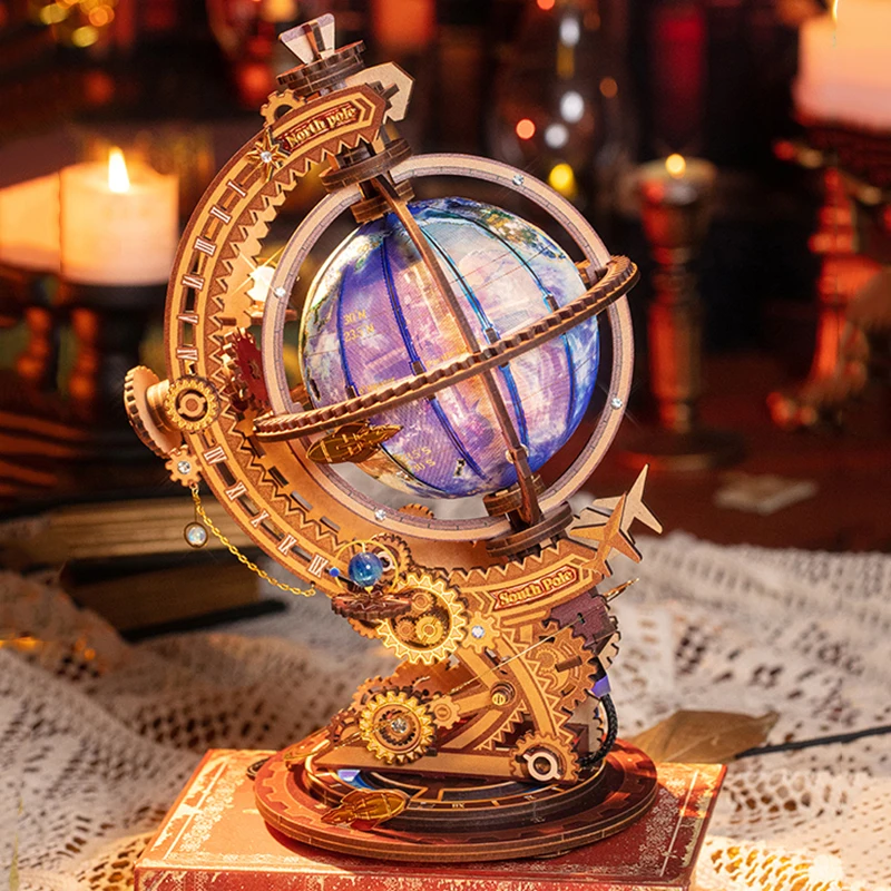 DIY 3D Wooden Metal Puzzle Miniature Model Building Kits Globe Night Light Assembly Jigsaw Puzzles for Girls Birthday Gifts