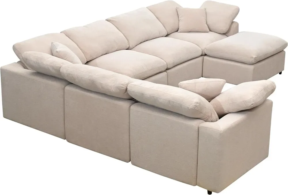 Oversized Modular Cushions Sofa Movable Ottoman,L-Shaped Corner Low Back Deep Seat Spacious Sectional  Couch Convertible Sleeper