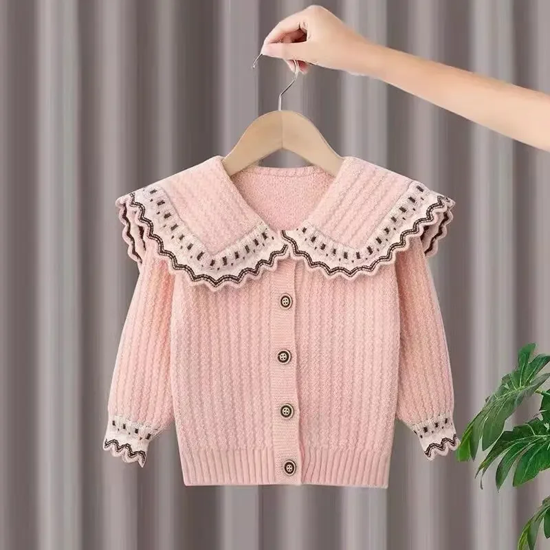 Girl Sweater Spring Autumn 2024 New Doll Collar Knitting Cardigan Casual Simple Fashion Sweet Korean Active Vintage Cute Soft