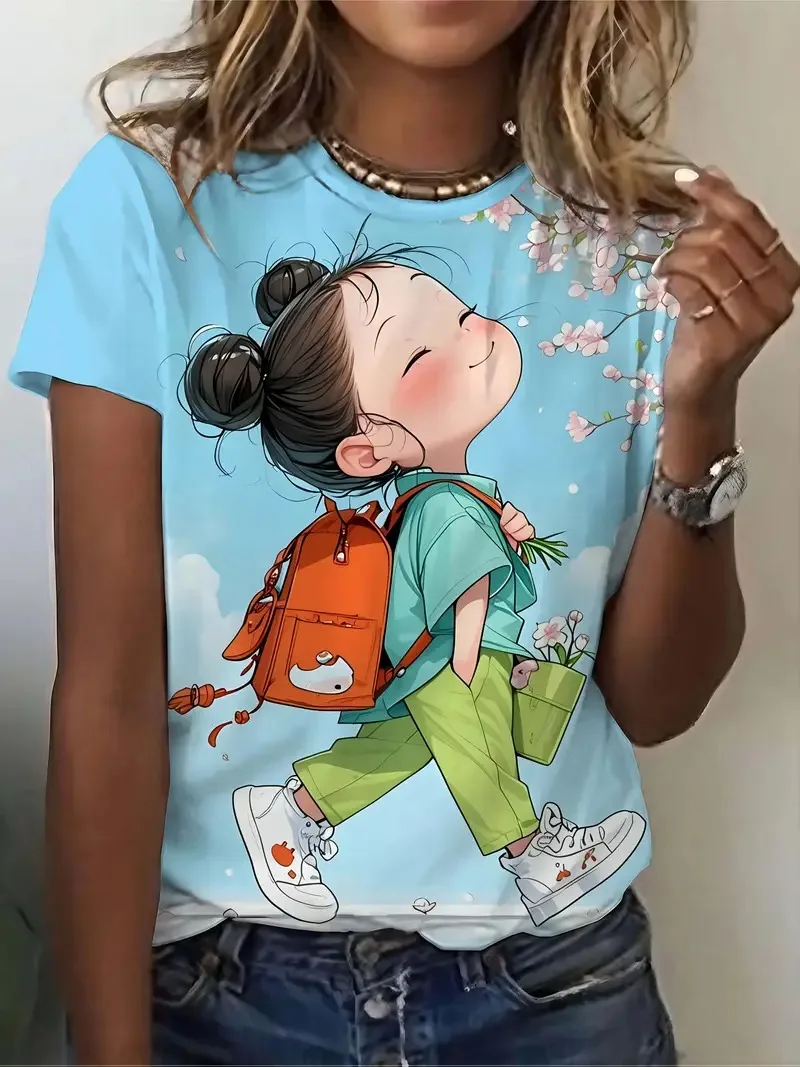 

Fashion little girl printed women's T-shirt tops summer short sleeved pullover street round neck T-shirt women's daily clothing