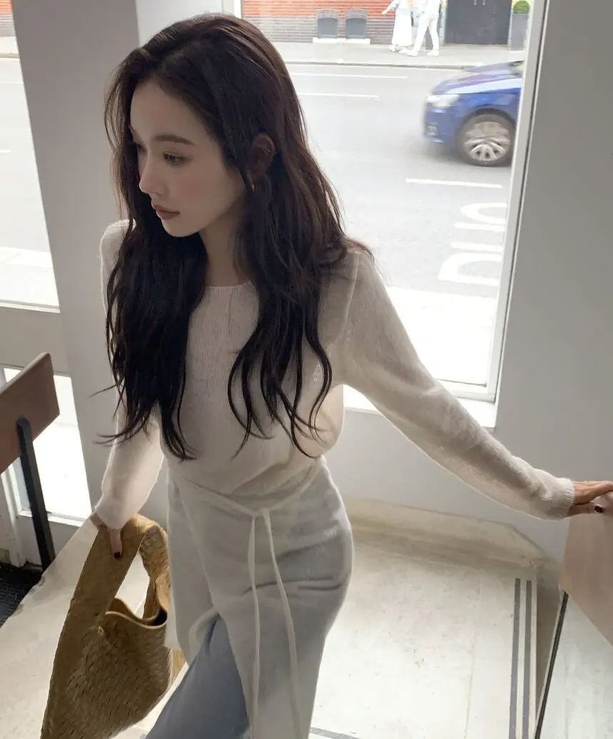 Korean Style Long Sleeve Knitted Top Asymmetrical Slit Half Skirt Atmosphere Feeling Two Piece Set Polyester Fiber Hooded