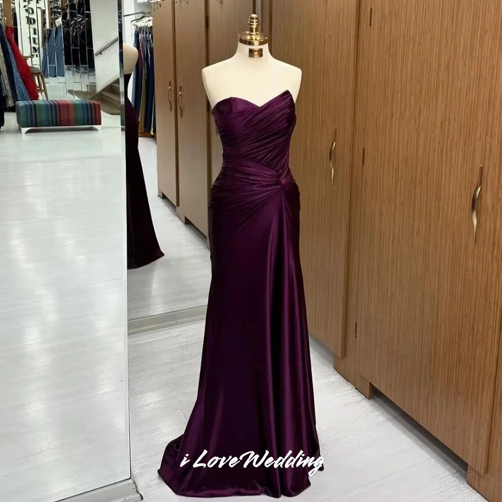 

Dark Purple Strapless Prom Dresses Satin Sleeveless Sweetheart Mermaid Pleated Floor-Length Wedding Party Dress Customized