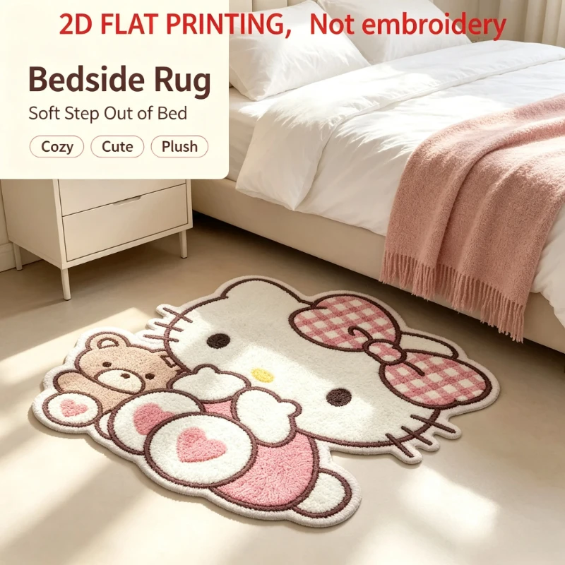 Entryway Door Mat Hello Kitty Teddy Bear Irregular Short Plush Non‑Slip High Absorbent Home Rug
