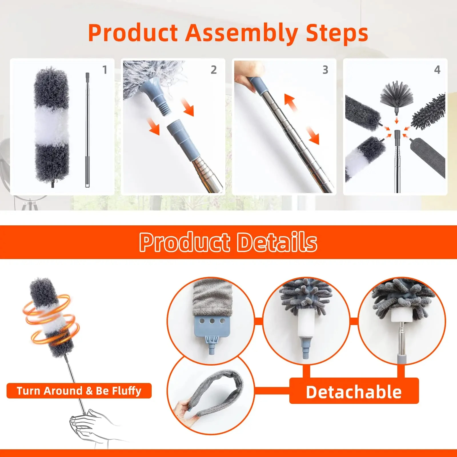 2.5m Extendable Stainless Steel Telescopic Rod Cleaning Duster Ceiling Sofa Car Dust Cleaner Floor Gap Brush Home Household Tool