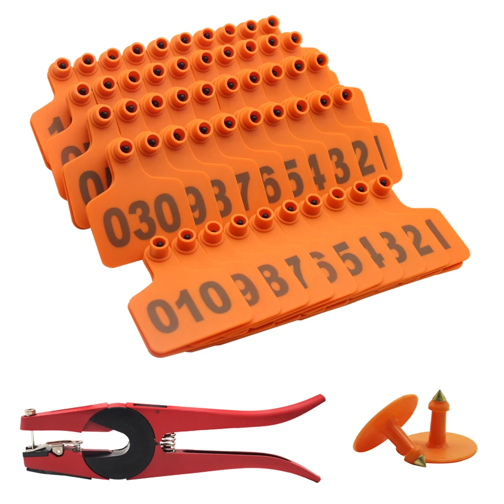 Livestock Animal Cattle Ear Tags&Pliers Plastic Cow Ear Card with 1-500 Number for Goat Identification Farm Animal Ear Tag Plier