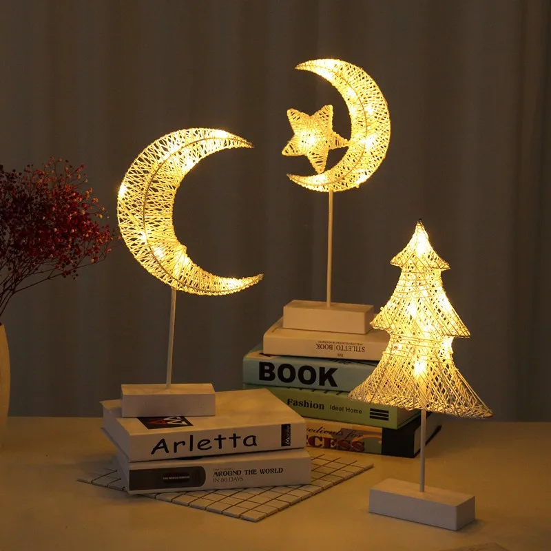 LED Rattan Table Lamp DIY Moon Star Heart Beautiful Night Light Bedside for Christmas Festival Wedding Party Home Decoration