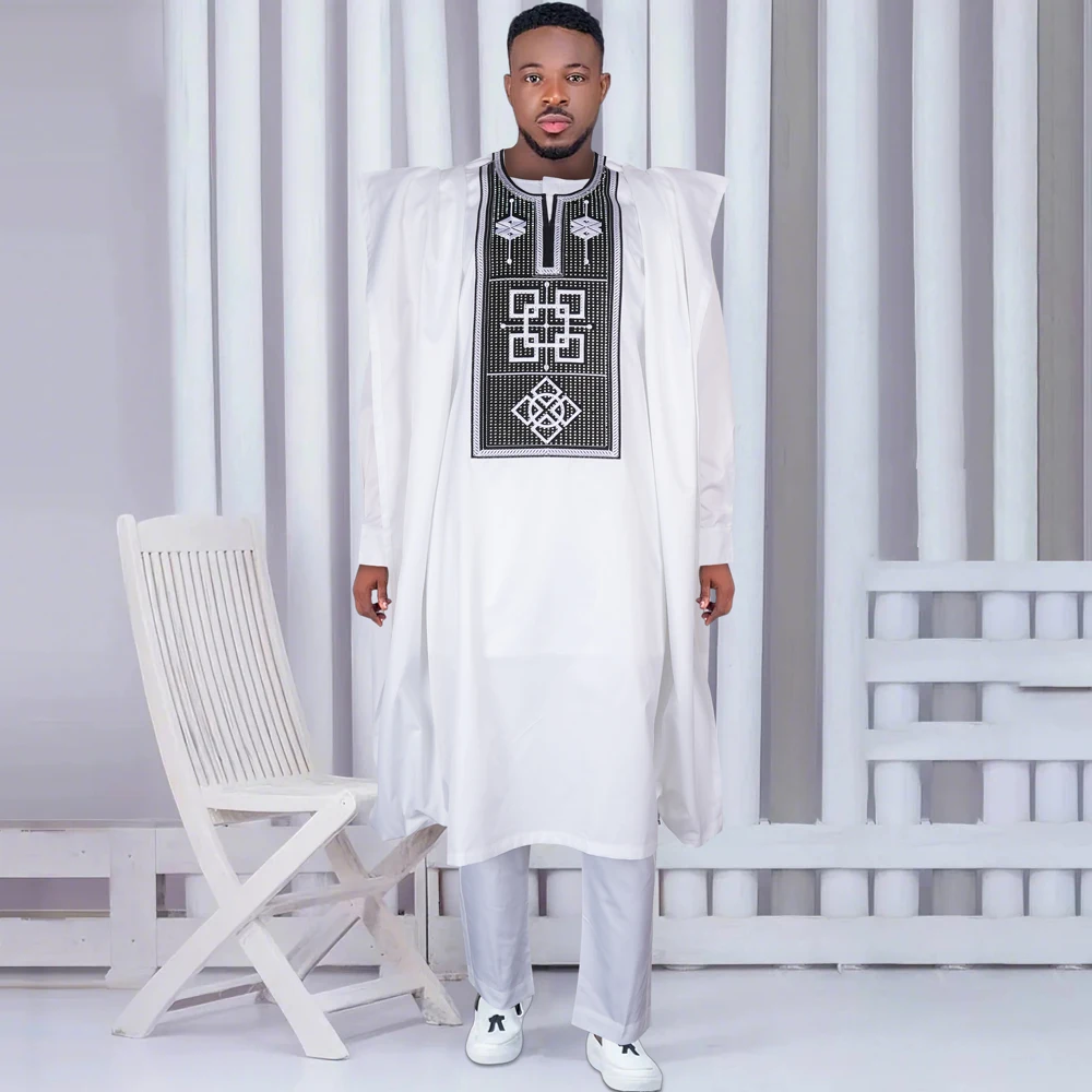 

H&D African Traditional Embroidery Wear Formal Attire Bazin Riche Dashiki Outfits Shirt Pants Robe African Men Agbada Ramadan