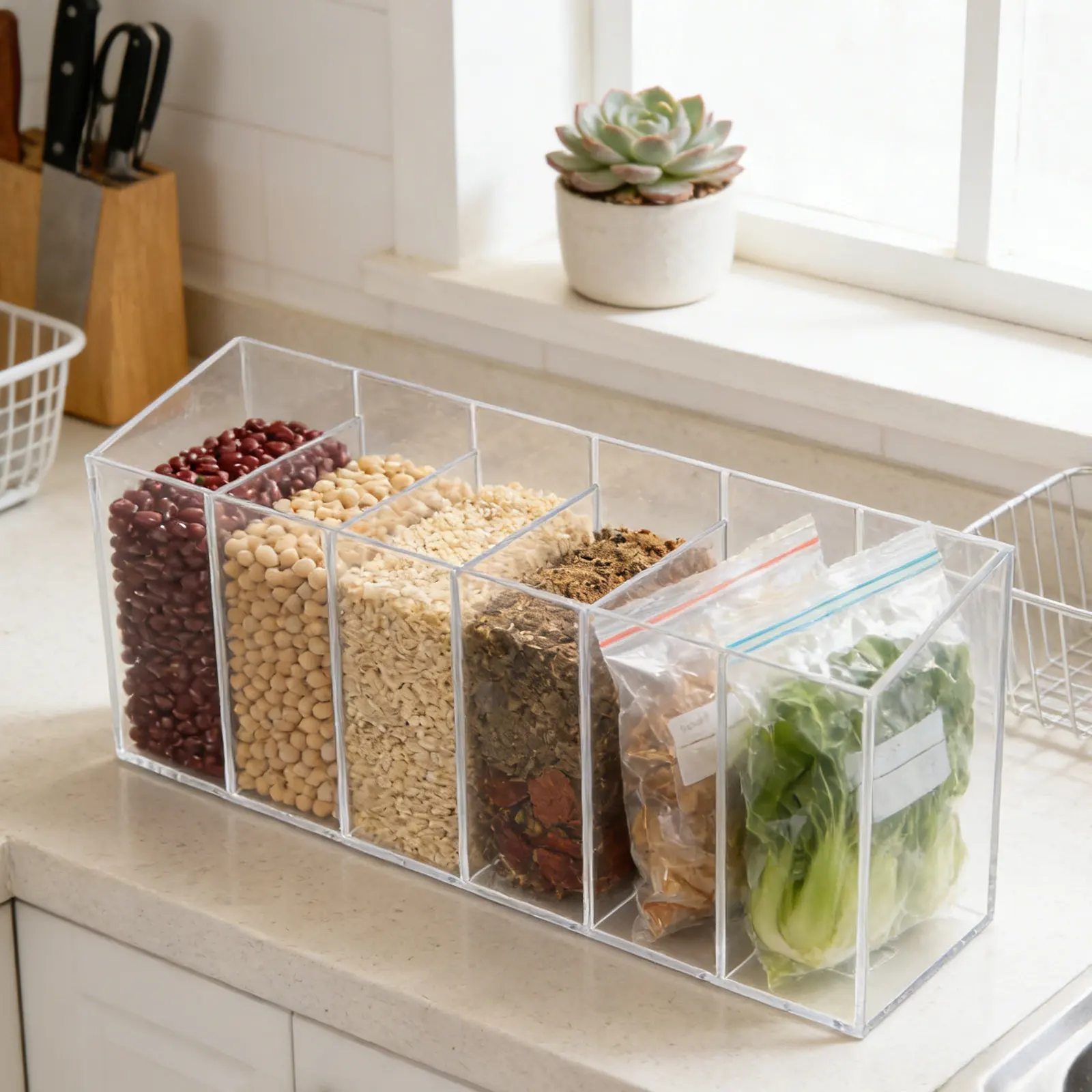 Plastic Storage Box Organizer with Removable Dividers Transparent Compartment Organizer for Tea Bag Coffee Condiment Sugar