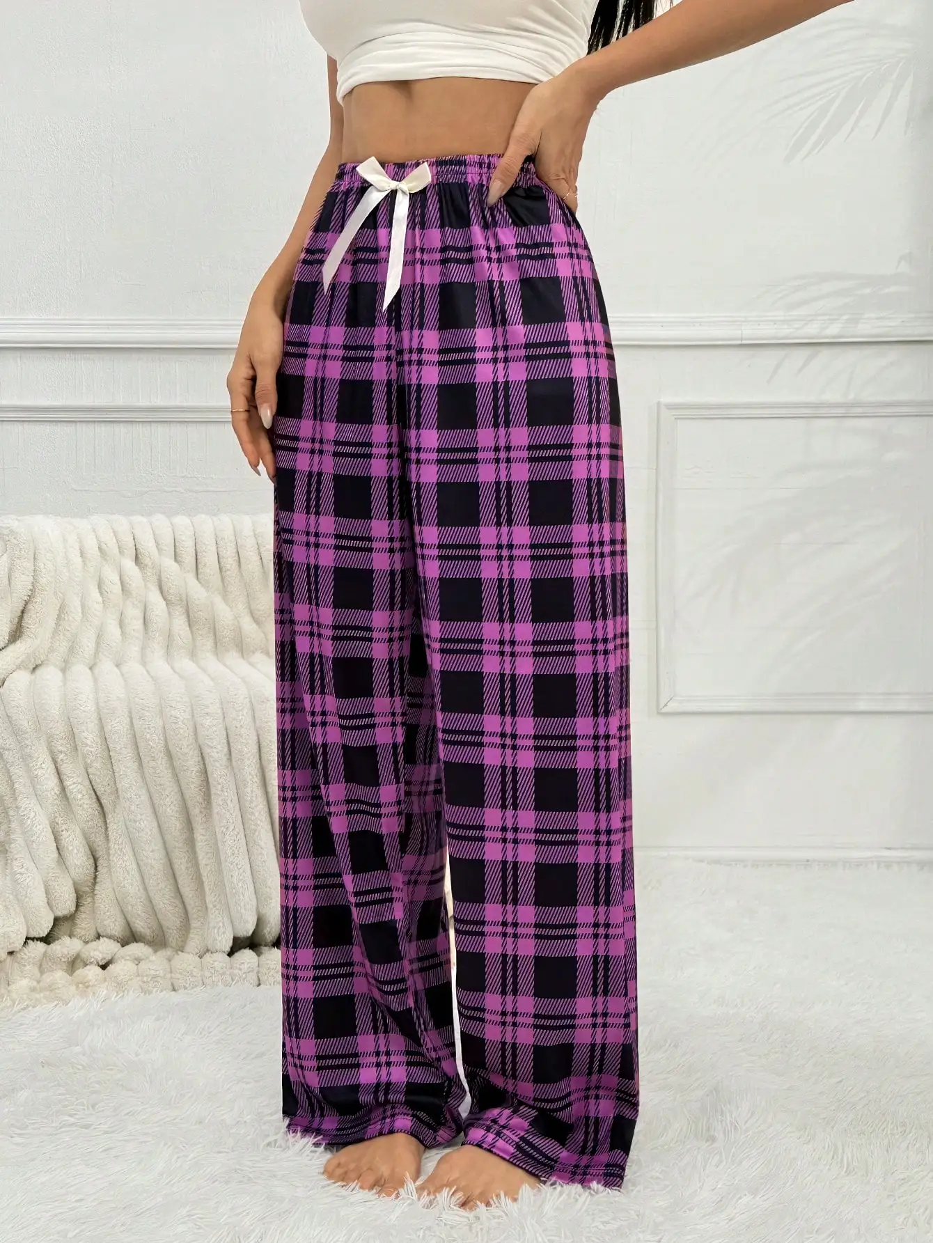 

Женские фиолетовые клетчатые брюки для отдыха с бантом на талии, повседневные широкие брюки для сна на осень-зиму
