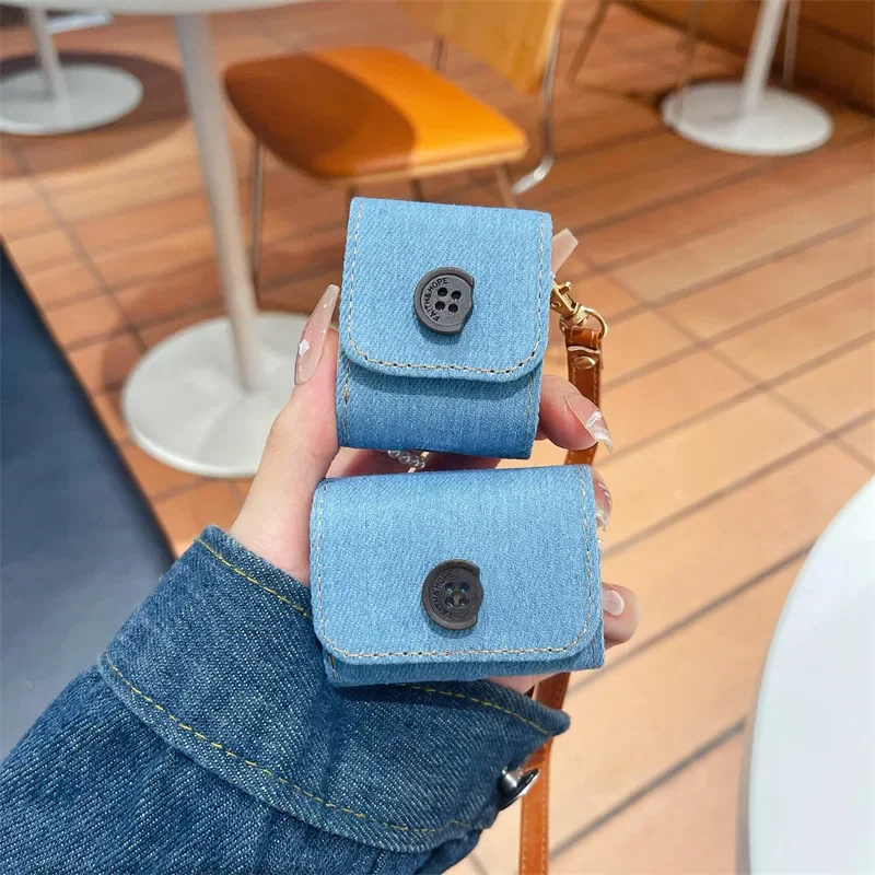 

Denim Button Case for AirPods 4 Airpod 1 2 3 Pro Pro2 Bluetooth Earbuds Charging Box Protective Earphone Case Cover