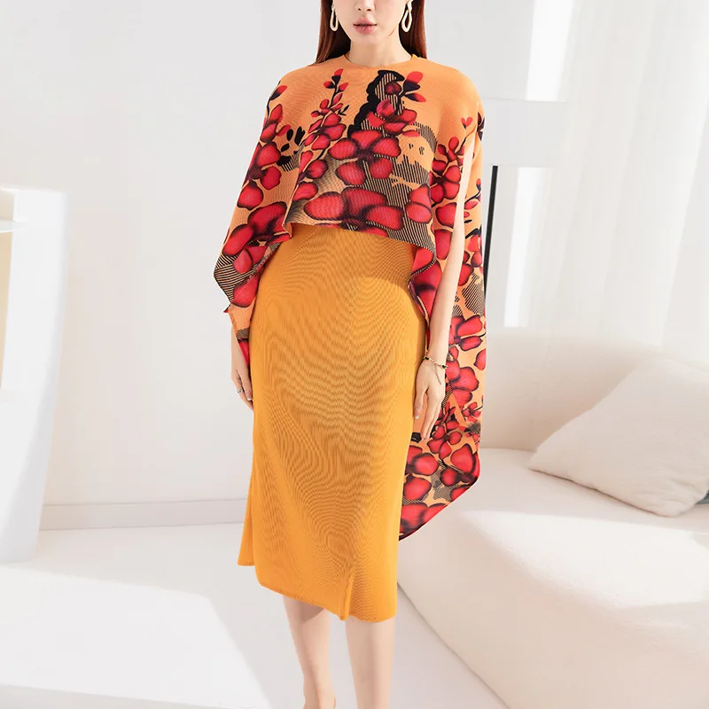 Dresses for Women Miyake Pleated Fashion Printed Loose Plus Size Shawl Two Piece Sets High Street Folds O-Neck Mid-Calf Dress