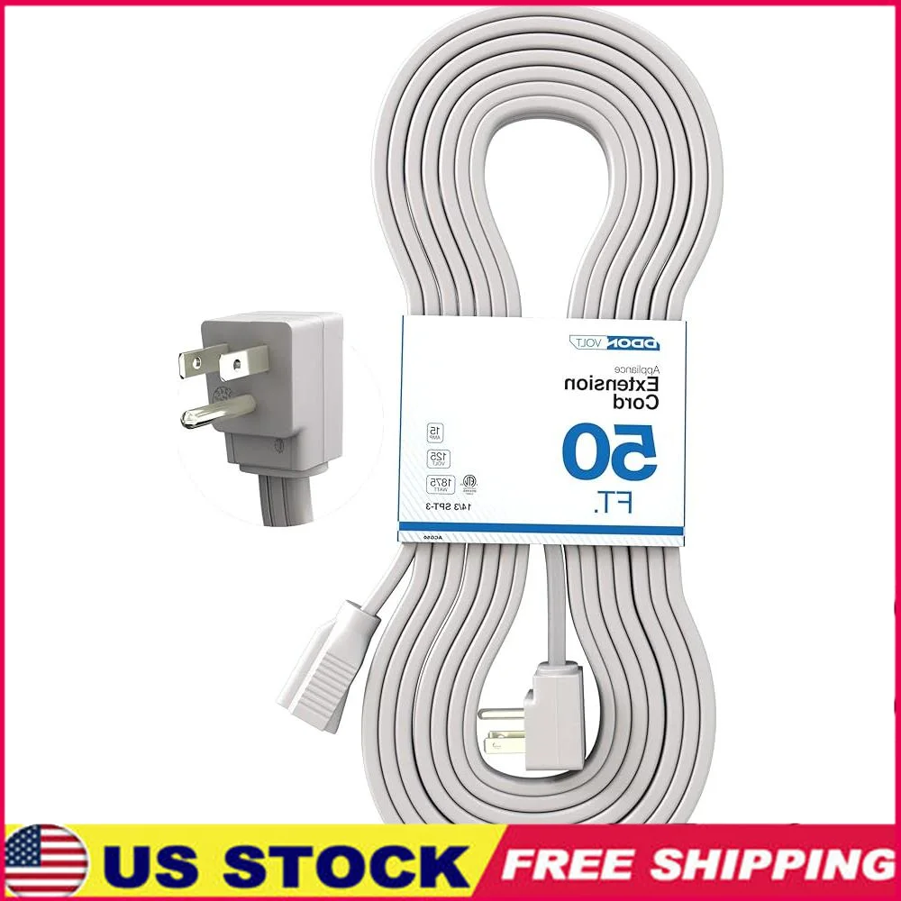 

50ft Heavy Duty Appliance Extension Cord 14AWG 90 Degree Plug Ideal Refrigerators Air Conditioners High Capacity 1875W