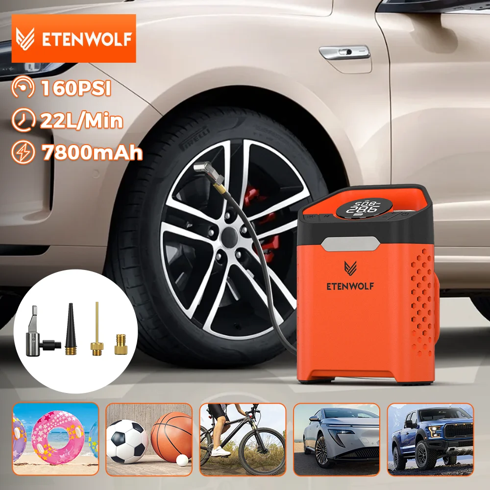 ETENWOLF ZEPHYR V3 Portable Car Compressor 160 PSI 100% Duty Cycle Car Tire Inflator 7800mAh For Cars Motorcycles Bicycles Balls