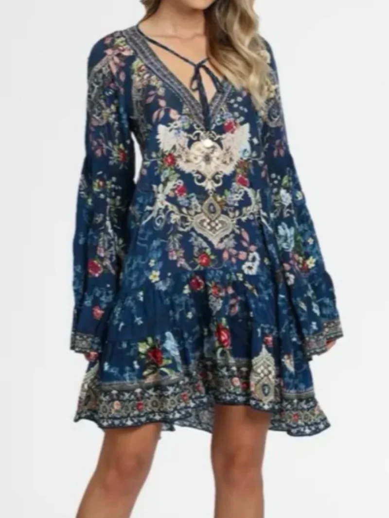 

Women's 100% Silk Dress Floral Print Beaded V-Neck Long Sleeve Vintage Mini Robe