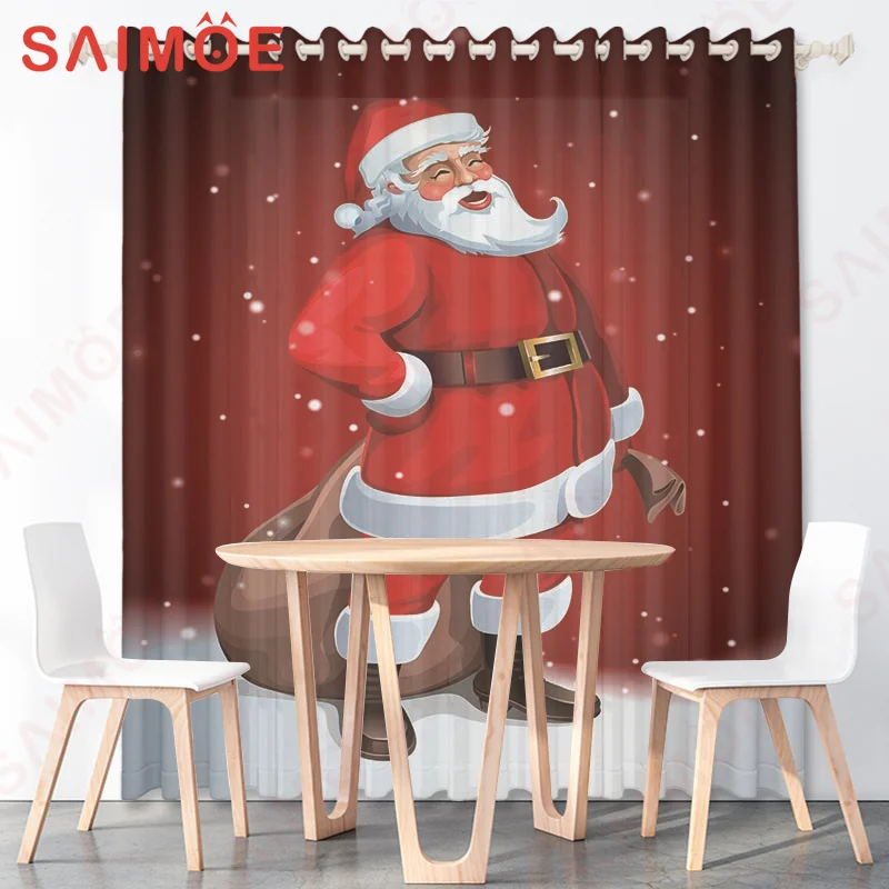 Cartoon Kids Cute Santa Curtains Snowflake Christmas Backgrounds Thin Polyester Fabric Home Office Custom Decorations with Hooks