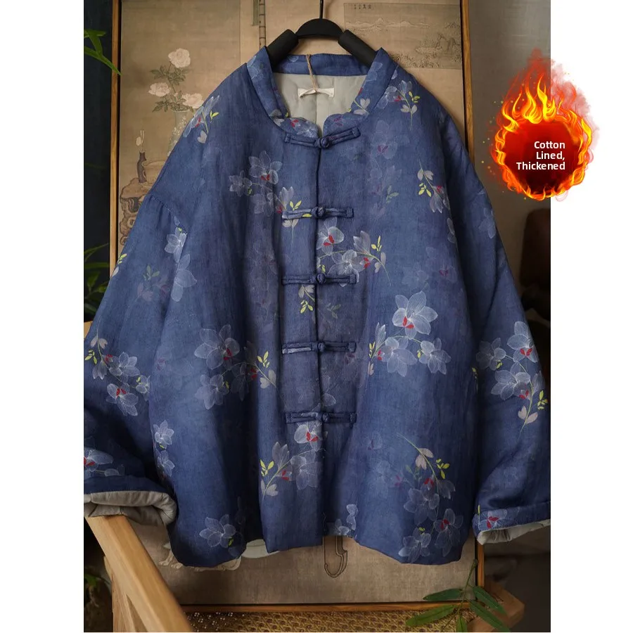 

Женская верхняя одежда из хлопка с цветочным принтом в стиле ретро, зимнее пальто на пуговицах, удобная посадка с хлопковой подкладкой