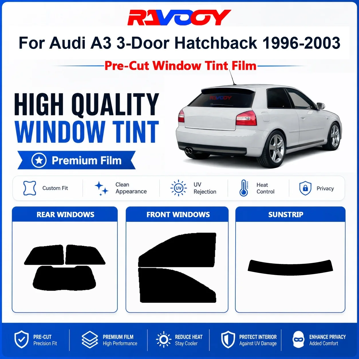 Premium Pre-Cut Window Tint For Audi A3 3-Door Hatchback 1996-2003 Front & Rear Windows UV Heat Rejection Privacy Film