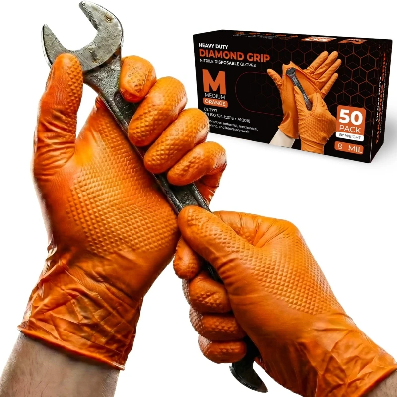 100PCS Nitrile Gloves Disposable 8-mil Latex Free Mechanic Gloves for Men Heavy Duty Diamond Textured Industrial Mechanic Gloves