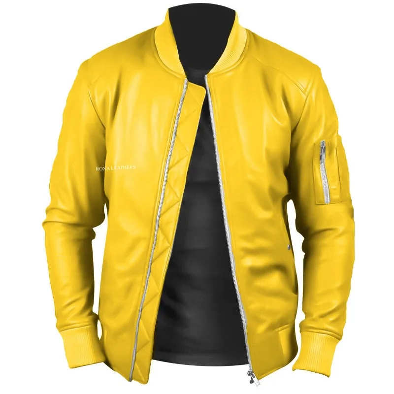 Yellow Leather Jacket Men\'s Latest Pure Genuine Lambskin Bomber Style Silver Zip