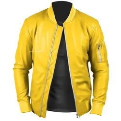 Yellow Leather Jacket Men's Latest Pure Genuine Lambskin Bomber Style Silver Zip