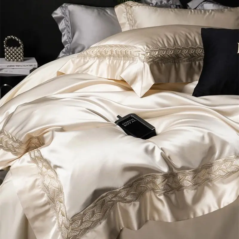 1000TC Egyptian Cotton Soft Silky Brocade Lace Champagne Luxury Bedding Set Duvet Cover Bed Sheet/Fitted Sheet Pillowcases 4Pcs