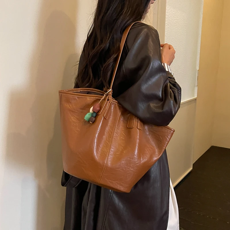 Overs ize Shopper Bag einfach lässig große Kapazität Tote Frauen Handtaschen Designer Tasche Luxus weiche Leder Umhängetasche schwarz Bolsos – Detail 4