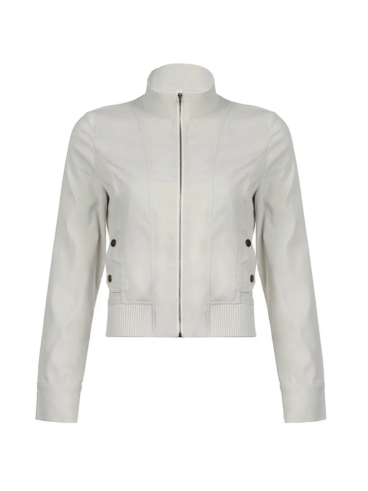 Deeptown Vintage Y2k Cropped Jackets Women Harajuku Streetwear Retro 2000s Basic Zipper Coat Long Sleeve Outerwear Grunge 90s