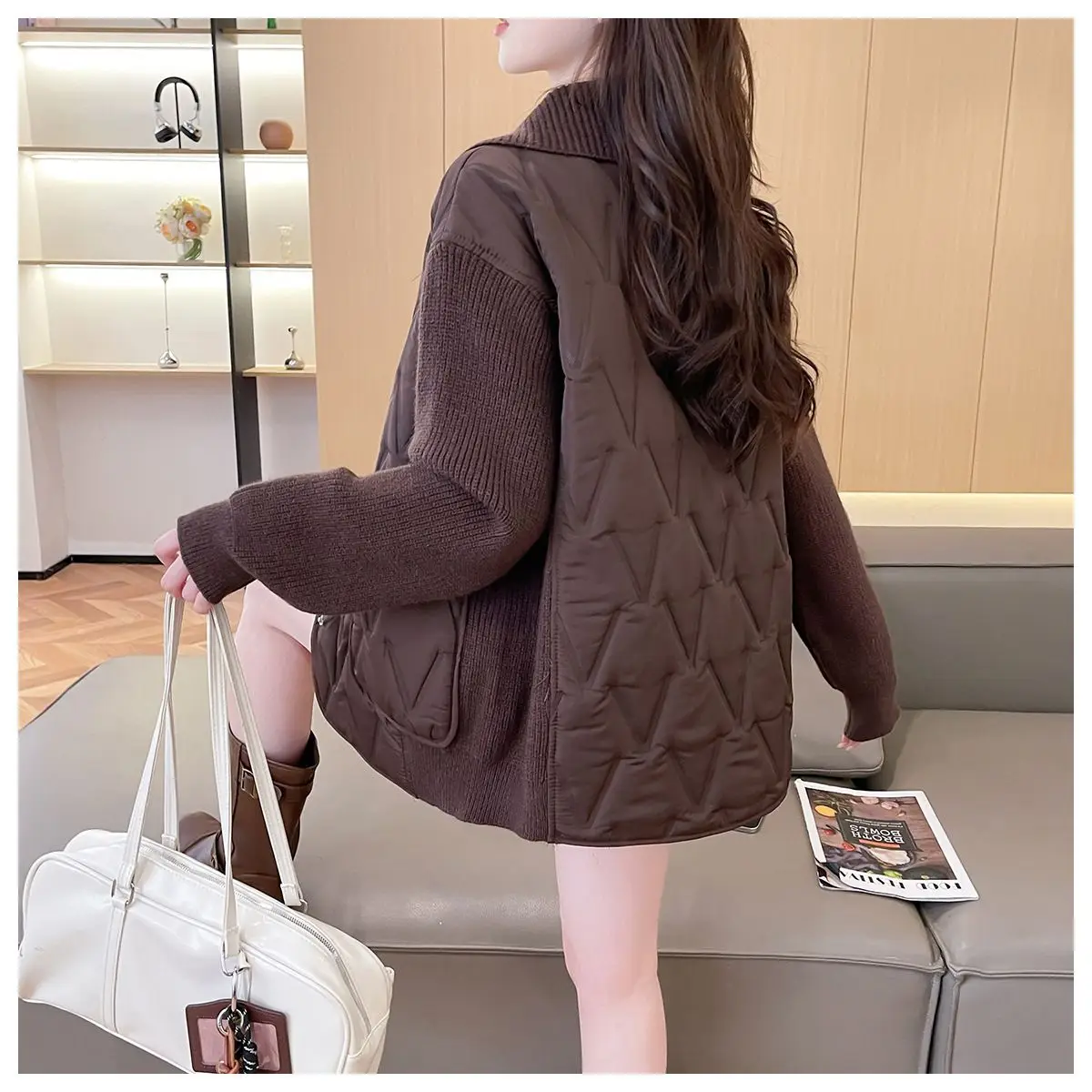 2026 Fashion Autumn/Winter New Women's Down Cotton Jacket Loose Windproof Splicing Knitted Coat